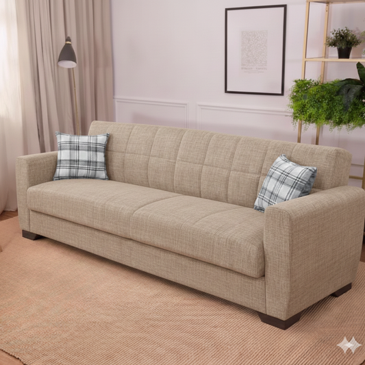 Canapé Convertible 3 Places Beige avec Coussins